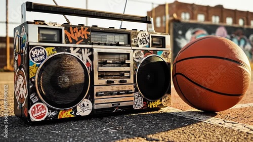Boombox adorned with vibrant graffiti stickers on outdoor basketball court