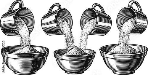 Three vintage cups pouring sugar into bowls in hand drawn illustration