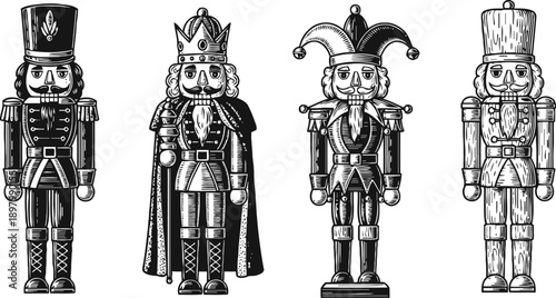 Vintage nutcracker dolls set four traditional christmas wooden figures, king, soldier, jester, classic toy design