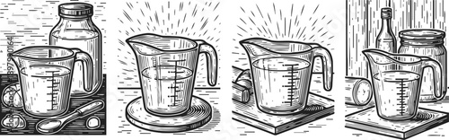 set of measuring cups with ingredients and kitchen tools for cooking and baking preparation