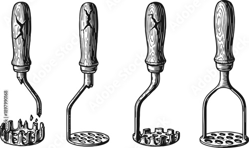 vintage kitchen utensils for mashing and pounding, wooden handle, classic cooking tools set