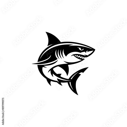 A powerful black and white vector illustration of an aggressive shark with sharp teeth and dynamic fins. A clean, high-contrast marine predator mascot on a white background.