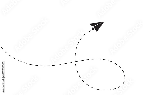 Black and white paper airplane illustration with flight path
