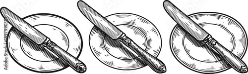 Set of three vintage baguette loaves with knife on ceramic plates french bread illustration