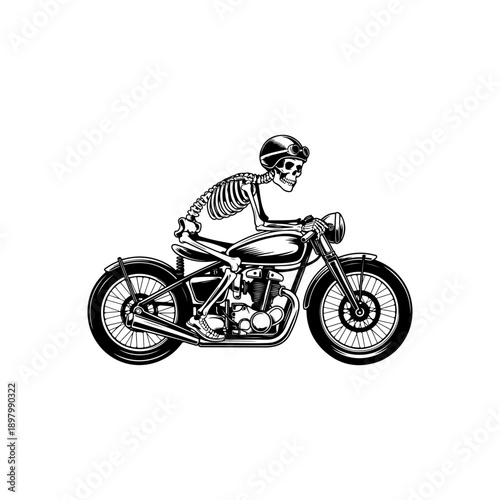 Bild auf Leinwand Detailed black and white vector illustration of a human skeleton riding a classic cafe racer motorcycle
