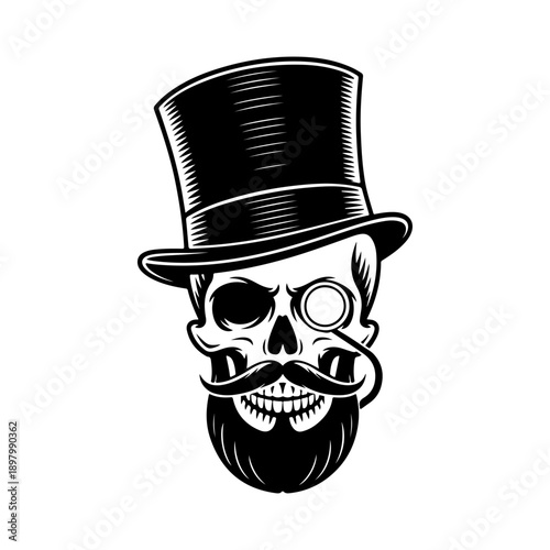 A sophisticated black and white vector illustration of a human skull featuring a top hat, a monocle, and a groomed beard. A stylish vintage gentleman emblem.