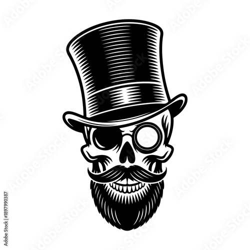 A sophisticated black and white vector illustration of a human skull featuring a top hat, a monocle, and a groomed beard. A stylish vintage gentleman emblem.
