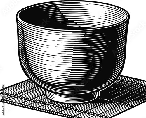 Vintage wooden bowl illustration with texture on bamboo placemat, traditional kitchenware design