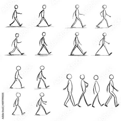 Stick figure walking poses set showing stride variations and motion flow. Hand drawn minimal illustration for animation planning locomotion study and character movement reference.