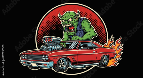 Aggressive Green Monster Hot Rod Driver. Vintage Cartoon Illustration of Classic Muscle Car with Flames and Supercharger Blower Engine on Black Background.