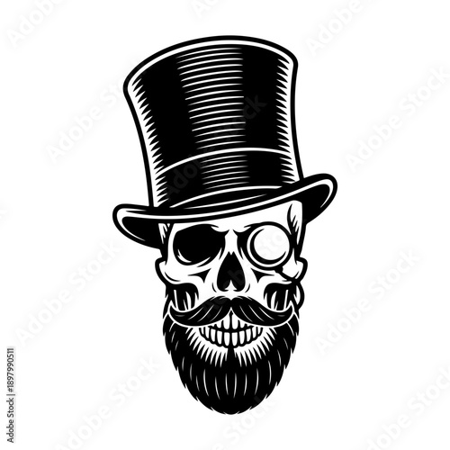 A sophisticated black and white vector illustration of a human skull featuring a top hat, a monocle, and a groomed beard. A stylish vintage gentleman emblem.