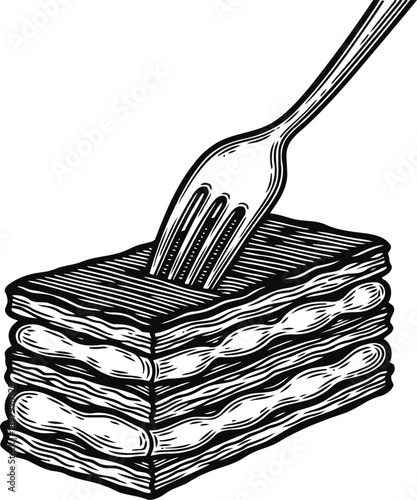 Layered cake slice with fork piercing dessert sweet treat with cream filling and textured pastry