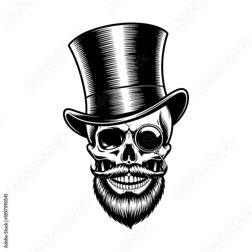 A sophisticated black and white vector illustration of a human skull featuring a top hat, a monocle, and a groomed beard. A stylish vintage gentleman emblem.