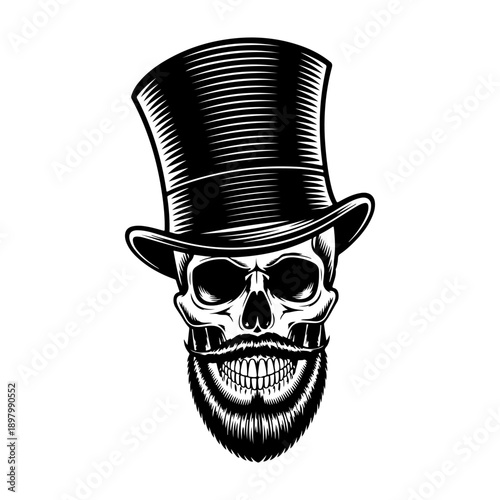 A sophisticated black and white vector illustration of a human skull featuring a top hat, a monocle, and a groomed beard. A stylish vintage gentleman emblem.