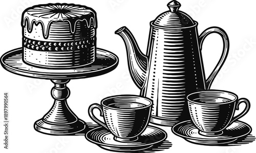 Vintage tea set with teapot, cups, saucers, and cake on a stand in engraved