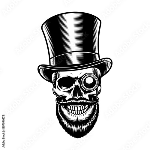 A sophisticated black and white vector illustration of a human skull featuring a top hat, a monocle, and a groomed beard. A stylish vintage gentleman emblem.