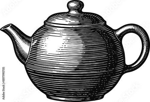 Vintage teapot illustration with detailed engraved on white background