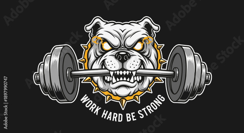 Aggressive Bulldog Mascot Biting Barbell. Vintage Strongman Gym Logo, Fitness Motivation T-Shirt Design, and Vector Illustration.