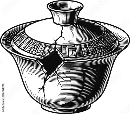 Cracked ceramic bowl with lid, vintage pottery illustration, antique kitchenware design