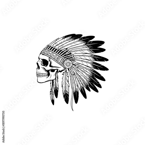 A bold black and white vector illustration of a human skull wearing a traditional Native American feathered headdress. A powerful and detailed high-contrast tribal emblem.
