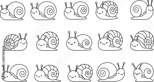 Cute snail line art set, kawaii animal illustration, cartoon mollusk characters, black white coloring page vector