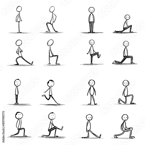 Hand drawn stick figure sitting and kneeling poses showing rest and transition positions. Simple sketch illustration for body movement study animation reference and character design.
