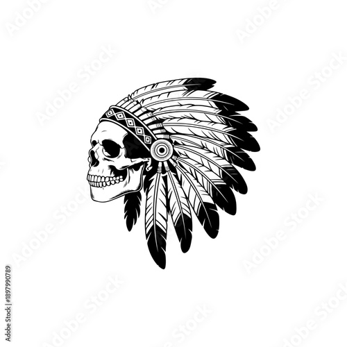 A bold black and white vector illustration of a human skull wearing a traditional Native American feathered headdress. A powerful and detailed high-contrast tribal emblem.