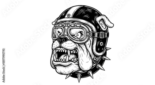 Furious Bulldog Biker Mascot Head. Vintage Racer Helmet, Goggles, and Spiked Collar. Detailed Engraving Style Vector Illustration.