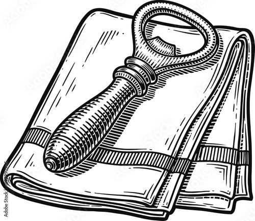 Vintage metal bottle opener and folded kitchen towel detailed black line drawing illustration
