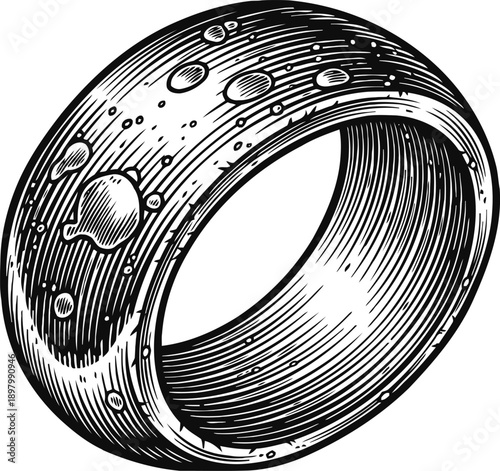 Moon crater ring illustration with detailed lunar surface texture in black and white engraving