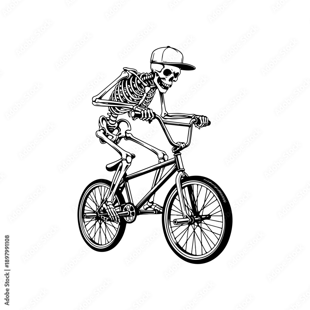 Fototapeta premium A playful black and white vector illustration of a cartoon skeleton wearing a cap and t-shirt while riding a BMX bicycle. Clean minimalist line art on a white background.