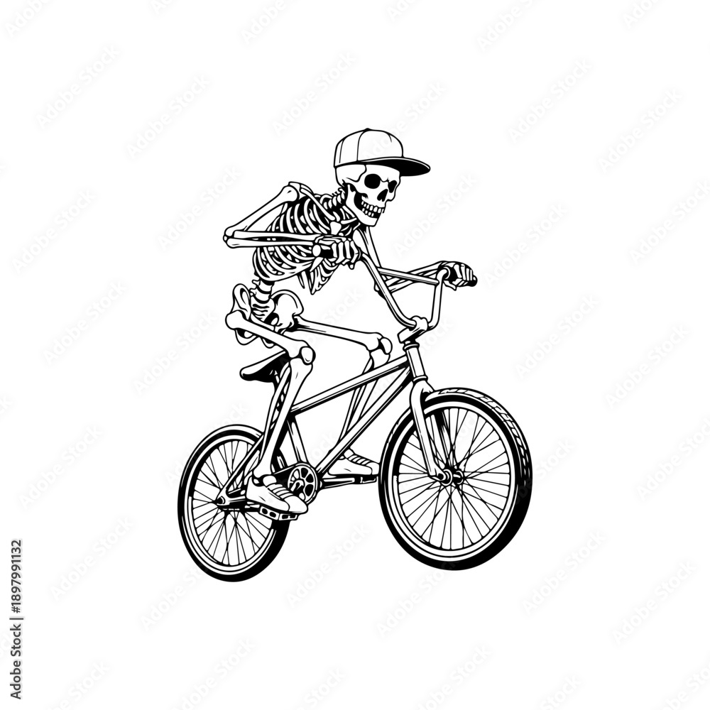 Fototapeta premium A playful black and white vector illustration of a cartoon skeleton wearing a cap and t-shirt while riding a BMX bicycle. Clean minimalist line art on a white background.