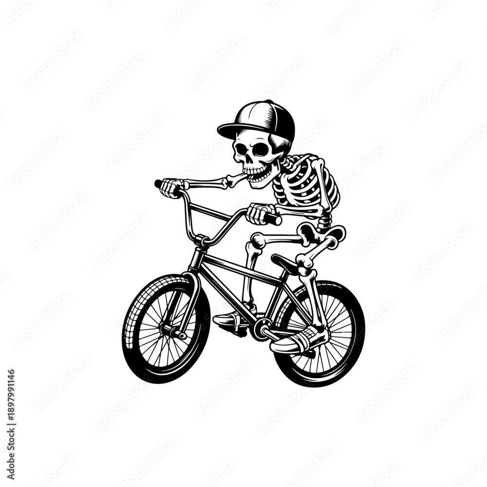 Fototapeta premium A playful black and white vector illustration of a cartoon skeleton wearing a cap and t-shirt while riding a BMX bicycle. Clean minimalist line art on a white background.