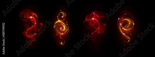 Magic red light swirls set isolated on black background. Vector realistic illustration of magician spell effect with glowing neon dust trail and shimmering particles, abstract sorcery flame waves
