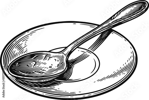 Vintage engraved illustration of a spoon resting on a round plate in black and white line art