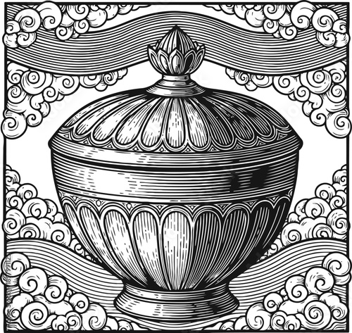 Ornate lidded urn with decorative floral and cloud patterns in vintage engraving