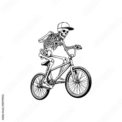 A playful black and white vector illustration of a cartoon skeleton wearing a cap and t-shirt while riding a BMX bicycle. Clean minimalist line art on a white background.