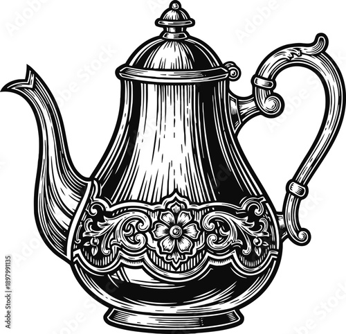 Intricate vintage teapot with floral ornament and curved spout, classic tea kettle design