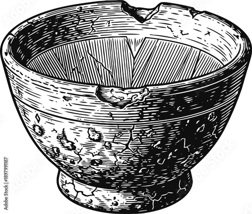 worn ceramic bowl with cracks and chips, vintage rustic kitchenware illustration
