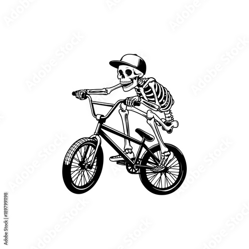 A playful black and white vector illustration of a cartoon skeleton wearing a cap and t-shirt while riding a BMX bicycle. Clean minimalist line art on a white background.