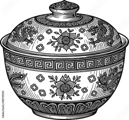 Decorative chinese porcelain bowl with lid, traditional floral and dragon patterns, intricate ceramic design