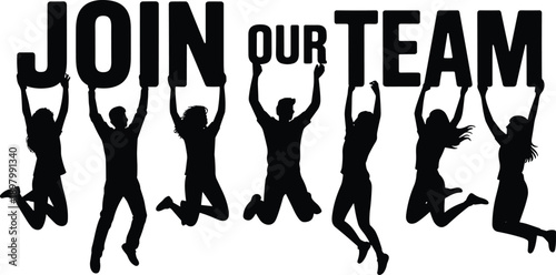 Join our team recruitment flat vector illustration, silhouette people jumping holding text, hiring motivation teamwork career opportunity concept design