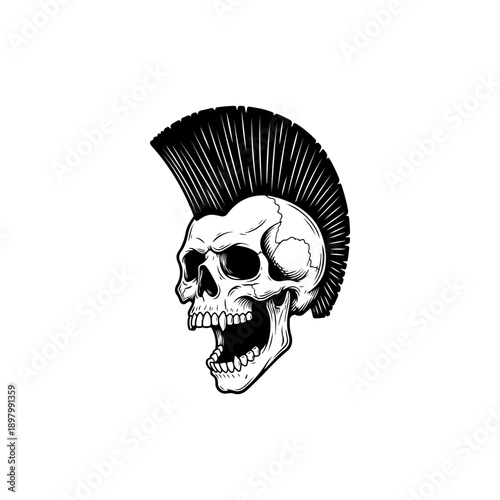 A striking black and white vector illustration of a screaming human skull with a large, detailed mohawk hairstyle. Bold, high-contrast punk rock graphic art.