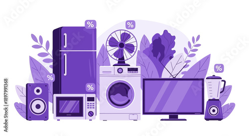 Flat lay illustration of household appliances in purple hues with leaves
