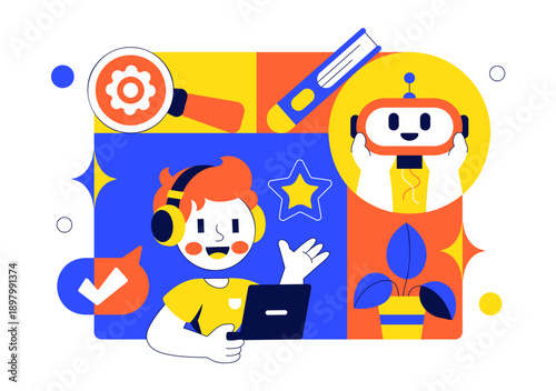 Robotics For Kids Education Vector Illustration Featuring Learning Technology And STEM In a Flat Cartoon Style Background