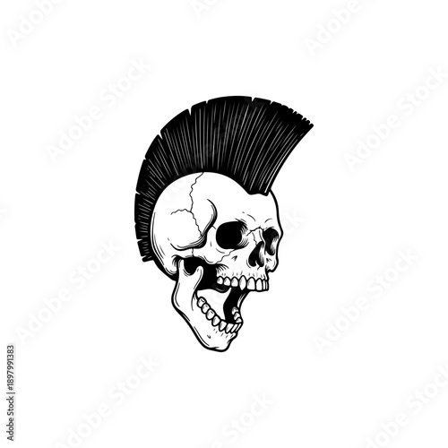 A striking black and white vector illustration of a screaming human skull with a large, detailed mohawk hairstyle. Bold, high-contrast punk rock graphic art.