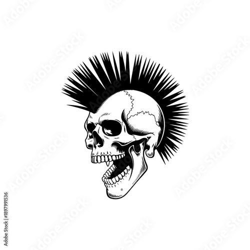 A striking black and white vector illustration of a screaming human skull with a large, detailed mohawk hairstyle. Bold, high-contrast punk rock graphic art.
