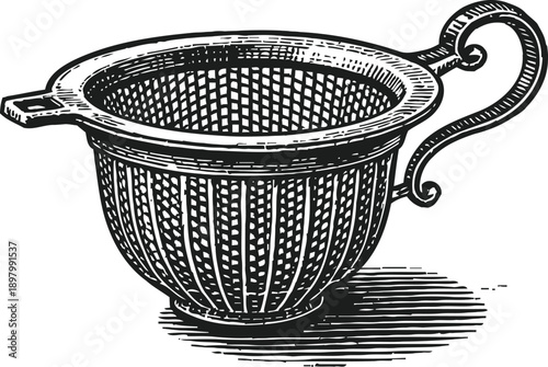 Vintage tea strainer with handle, detailed black and white engraving illustration