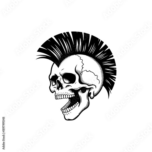 A striking black and white vector illustration of a screaming human skull with a large, detailed mohawk hairstyle. Bold, high-contrast punk rock graphic art.