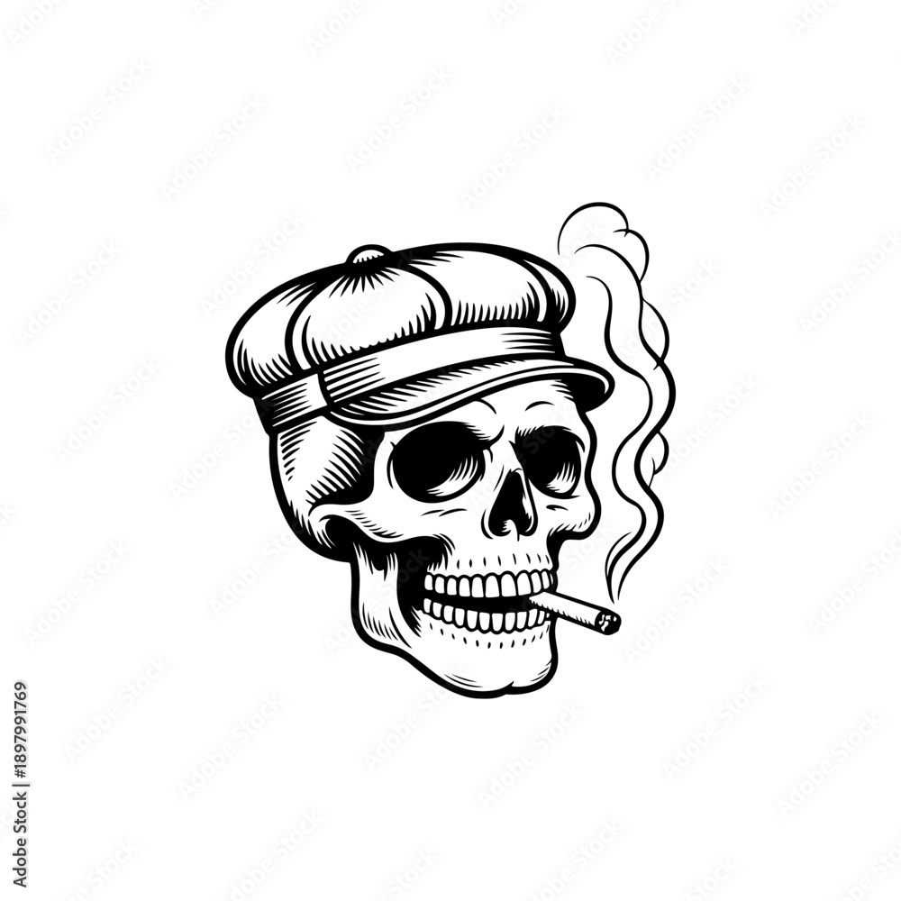Obraz premium A bold black and white vector illustration of a human skull wearing a flat newsboy cap and smoking a cigarette. Detailed high-contrast graphic art on a white background.